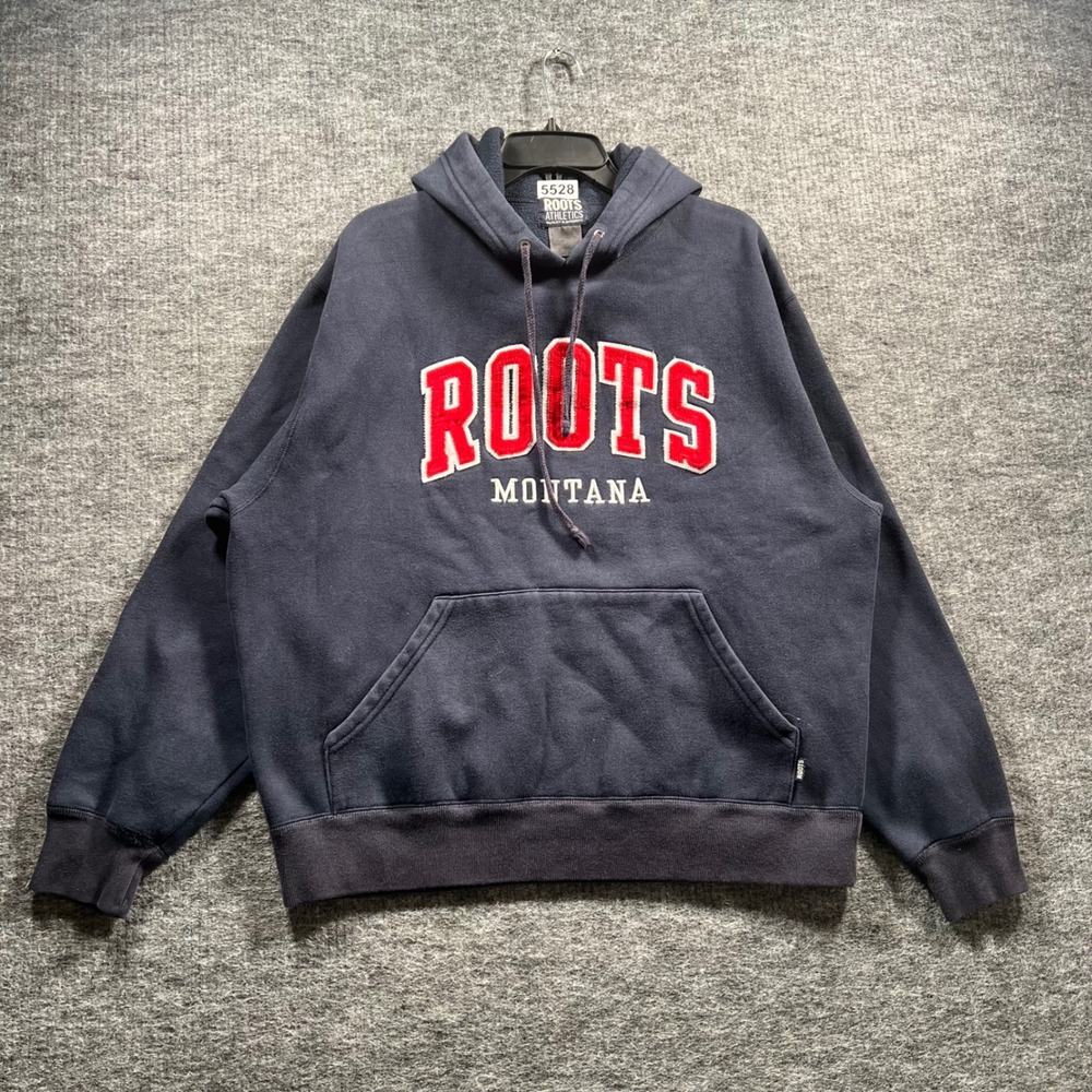 Roots Athletics Montana Hoodie Navy Blue Applique Pullover Sweatshirt Mens L